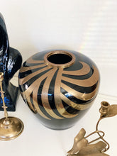 Load image into Gallery viewer, Extra Large Black Porcelain Ceramic Round Orb Vase with Brass Metal Art Deco Design - Vintage Haeger Style Vessel
