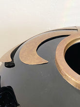 Load image into Gallery viewer, Extra Large Black Porcelain Ceramic Round Orb Vase with Brass Metal Art Deco Design - Vintage Haeger Style Vessel
