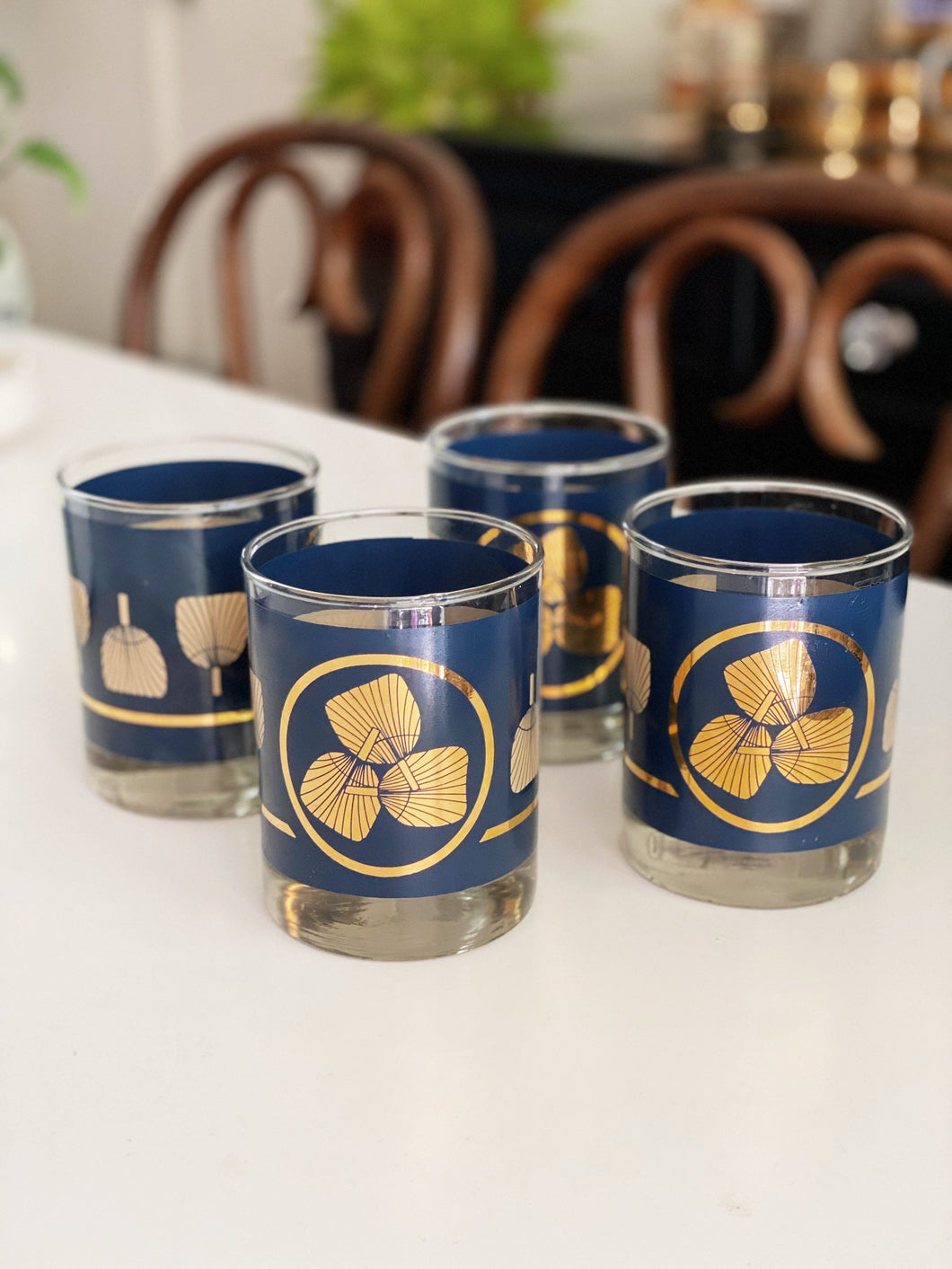 Gold and Dark Navy Blue Fan Art Glass Lowboy Tumbler Cups - Set of 4