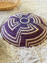 Load image into Gallery viewer, Vintage Purple and Beige Round Woven Coiled Basket - Wall Basket Hanging Art
