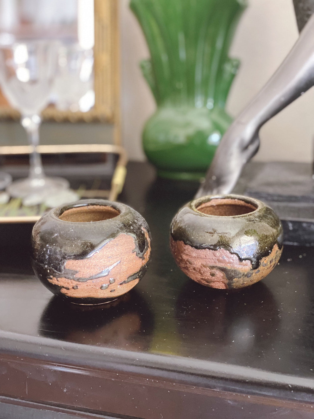 Pair of Small Round Black Glazed Ceramic Pots - Vintage Studio Pottery