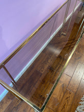 Load image into Gallery viewer, Vintage Gold Console Table with Smoky Glass Top - Milo Baughman Style Chrome Furniture

