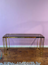 Load image into Gallery viewer, Vintage Gold Console Table with Smoky Glass Top - Milo Baughman Style Chrome Furniture
