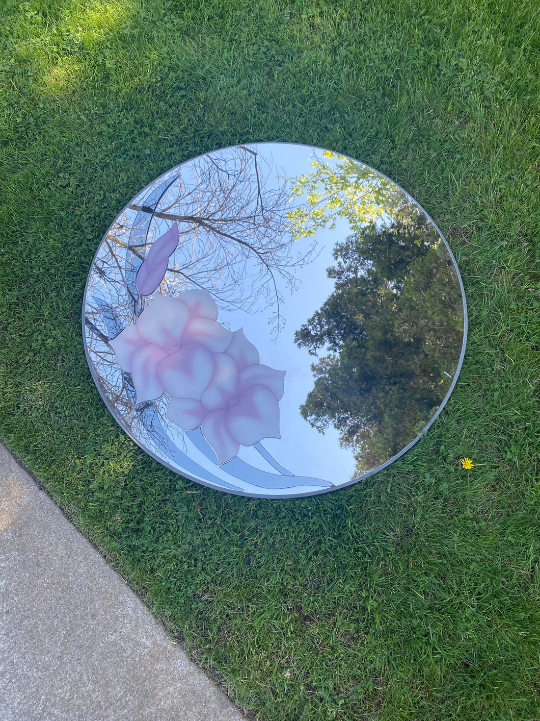 Signed David Marshall Purple Floral Frosted 3D Round Mirror - Post Modern Art Deco Revival 1980s Wall Art