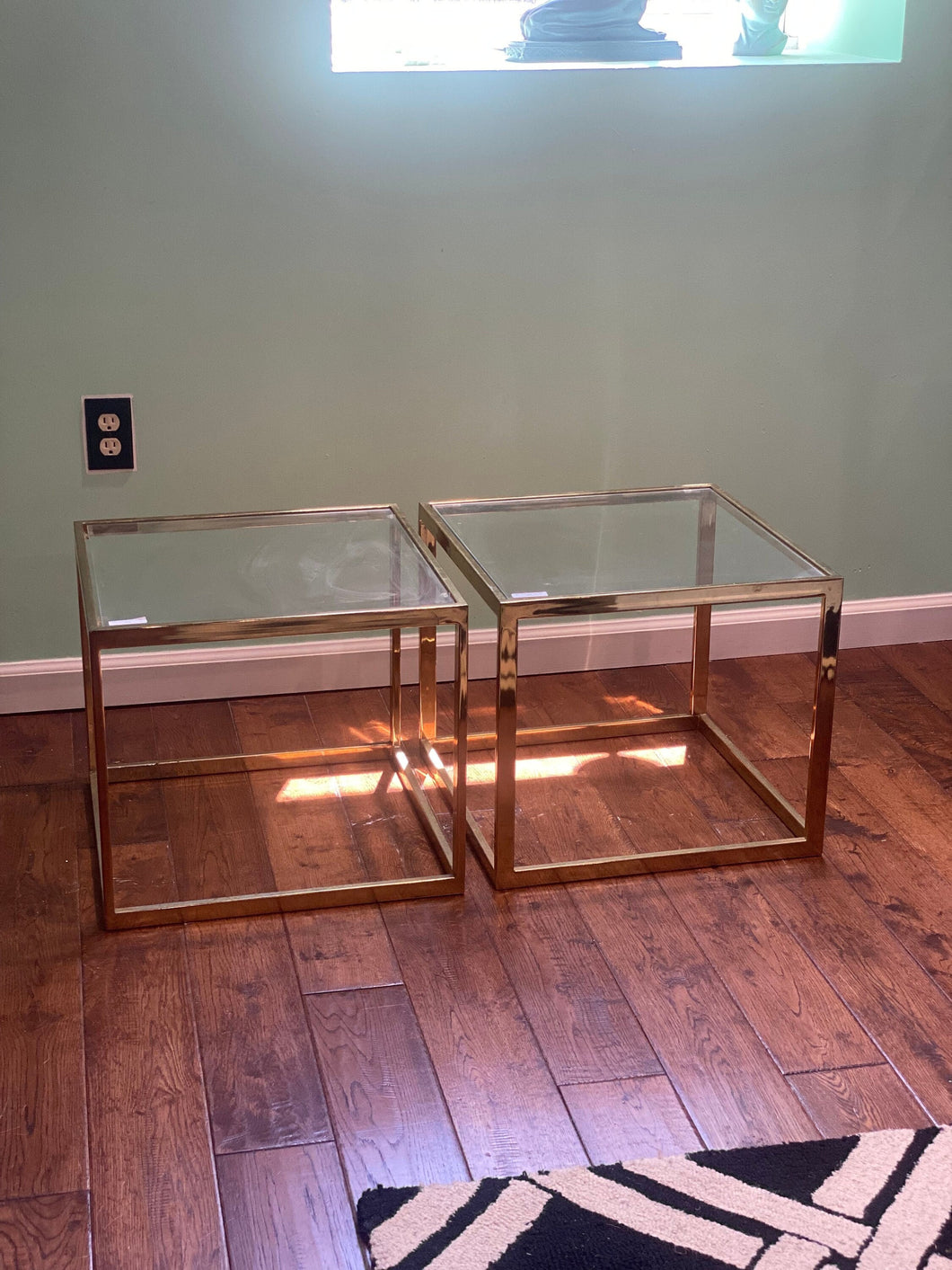 Hollywood Regency Glass and Gold Brass Chrome Square Metal End Tables