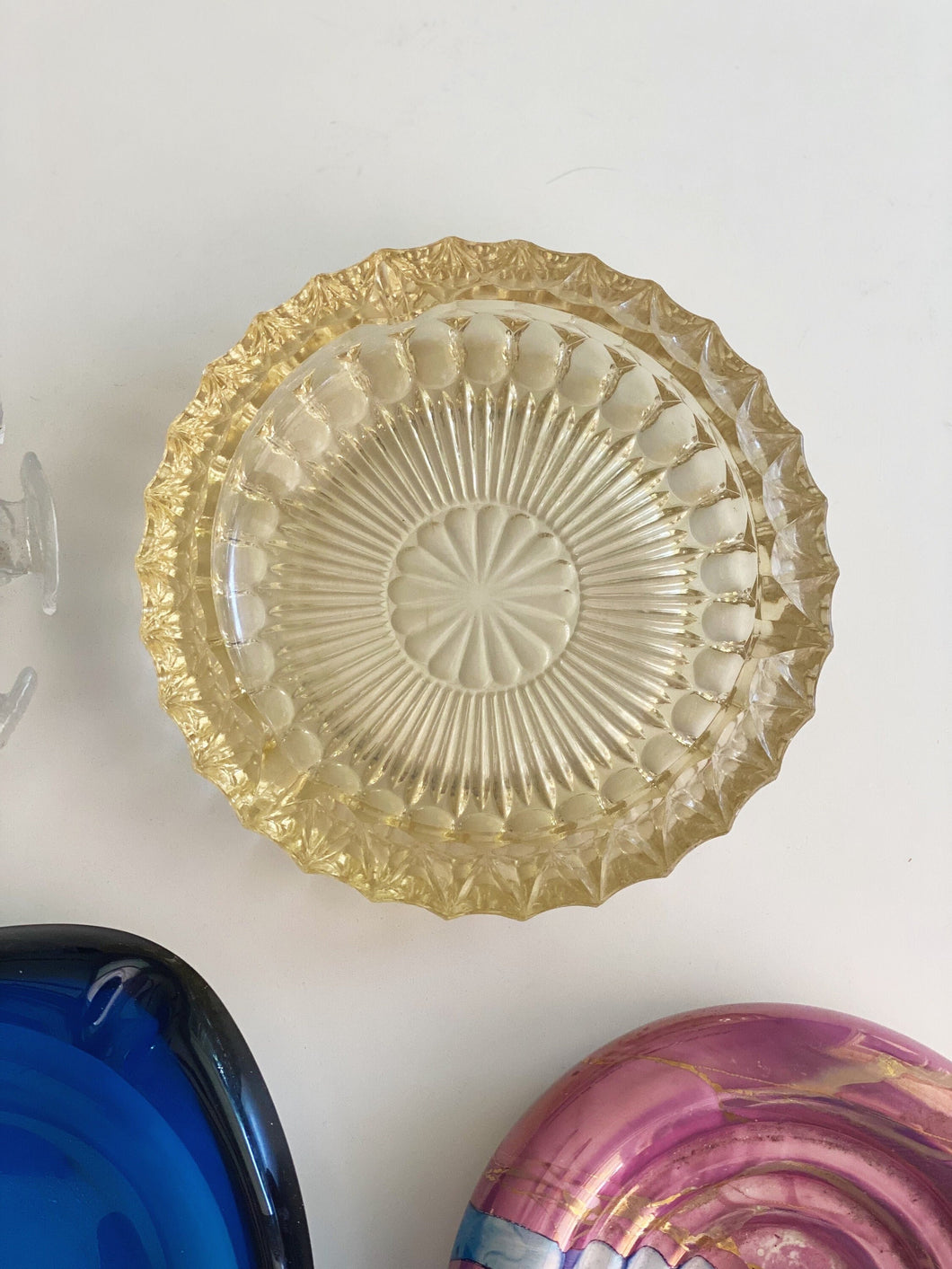 Vintage Pressed Carnival Glass Round Candy Dish / Catch All Tray / Ashtray