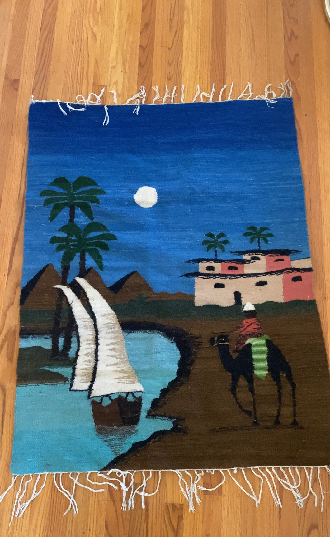 Large Blue Oasis Desert Camel Scene Woven Wool Wall Hanging Tapestry / Fiber Art
