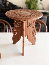 Load image into Gallery viewer, Teak Wood 12&quot; Carved Round Top Table / Plant Stand / Foldable Collapsible
