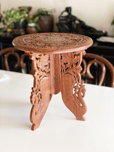 Load image into Gallery viewer, Teak Wood 12&quot; Carved Round Top Table / Plant Stand / Foldable Collapsible
