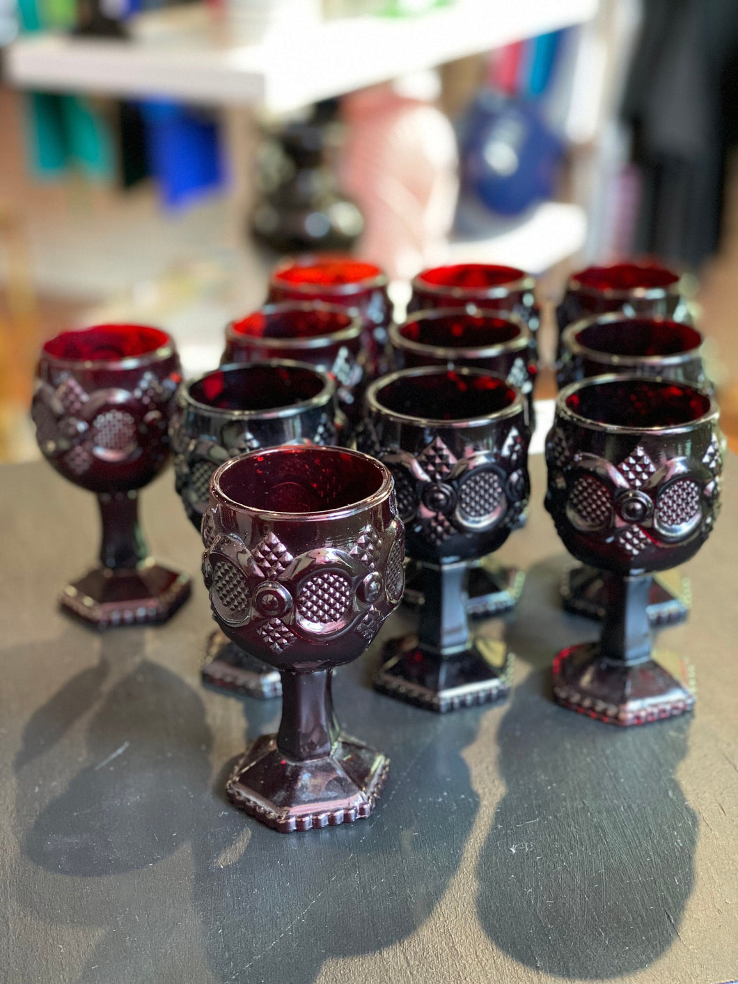 Vintage Red Avon Miniature Glass Wine Goblet Set