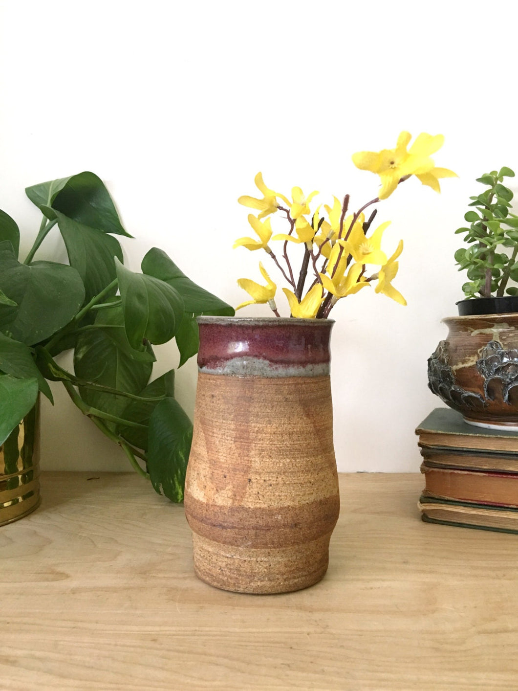 Vintage Earth Tone Textured Ceramic Vase with Maroon Glaze